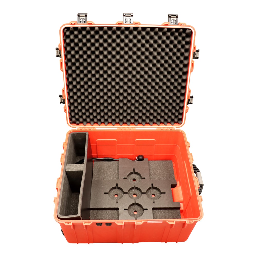 Ability to plug in Case and charge internal contents 
Storage for velocity Grid 
Heavy duty wheels and handle for travel 
