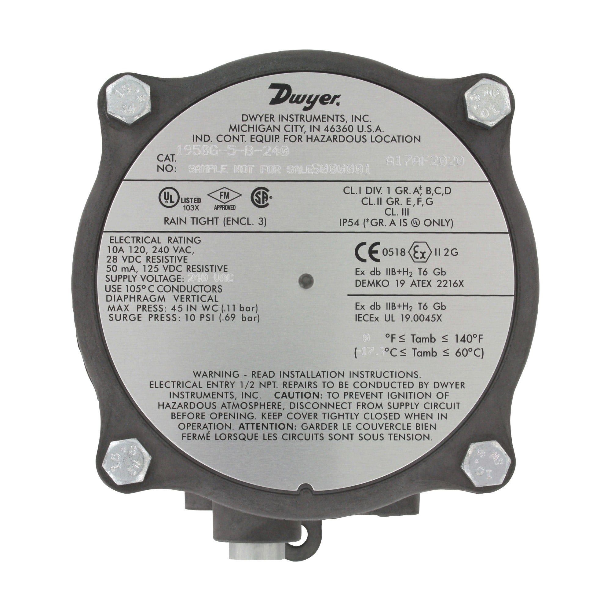 Explosion-Proof Differential Pressure Switch, Weatherproof, UL Listed, 24 V