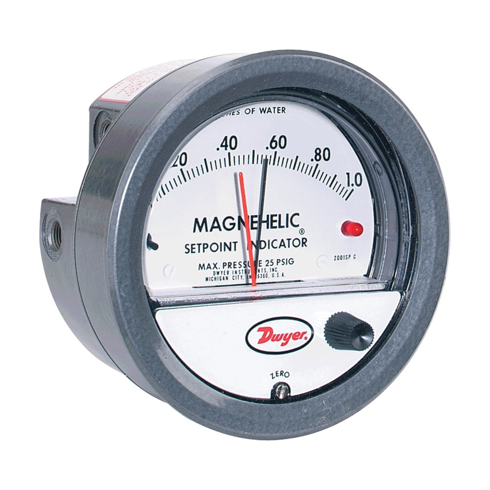 Magnehelic® Differential Pressure Gage, Setpoint indicator Red LED, Adjustable