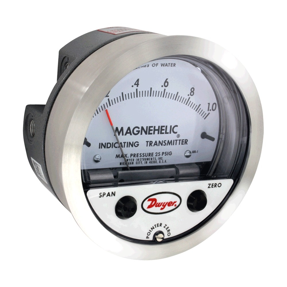 range 0-1.0" w.c., max. pressure 10 psi (1.7 bar), ± 2% electrical accuracy, ± 2% mechanical accuracy.