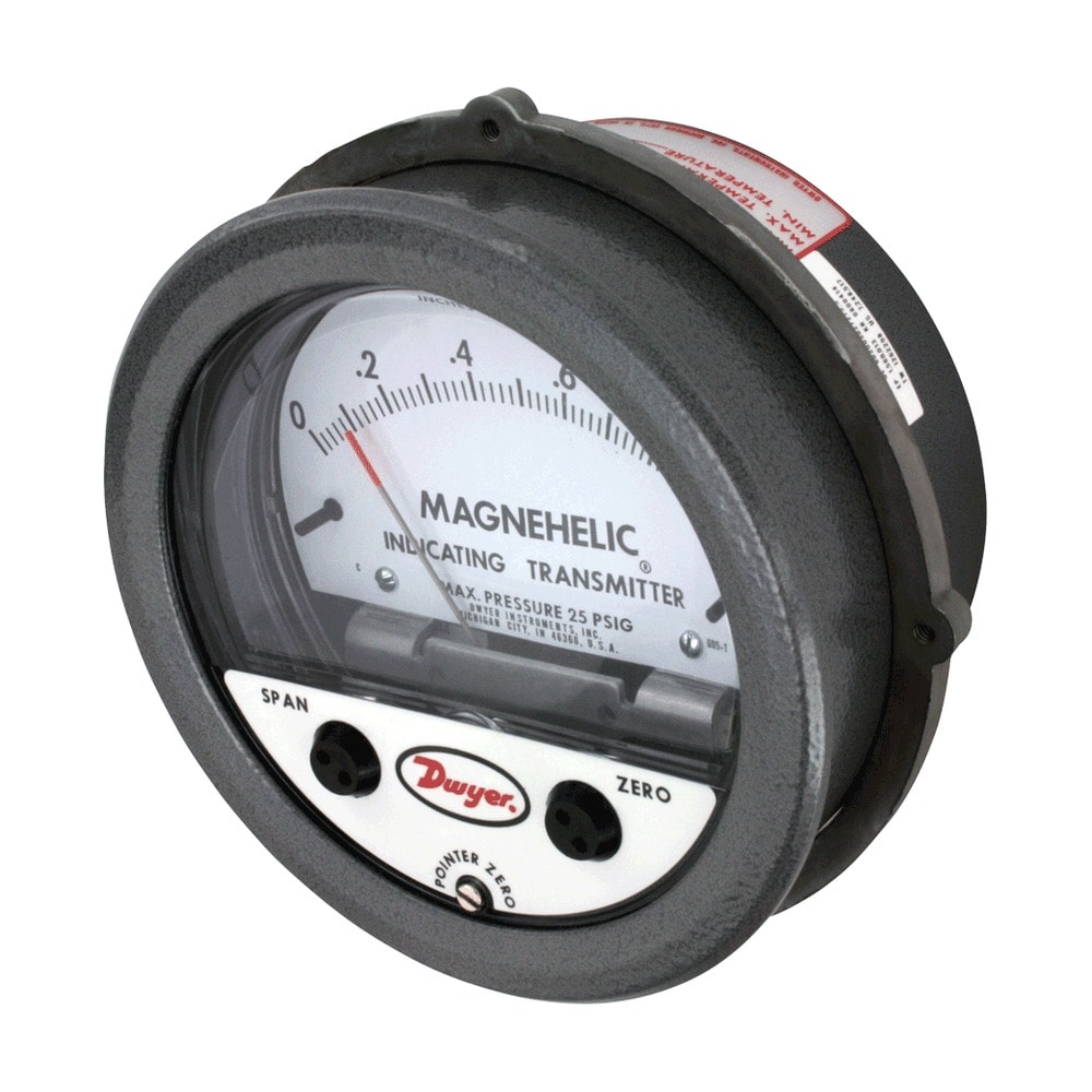 range 0-1.0" w.c., max. pressure 10 psi (1.7 bar), ± 2% electrical accuracy, ± 2% mechanical accuracy.