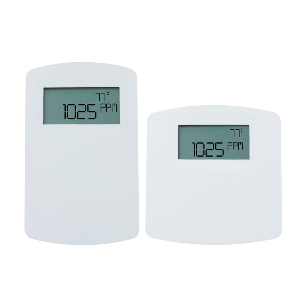 Stat communicant dioxyde de carbone / température / humidité avec point de consigne et fonction de dépassement, sortie Modbus et BACnet, boîtier mural nord-américain, plage 5000 PPM, affichage LCD