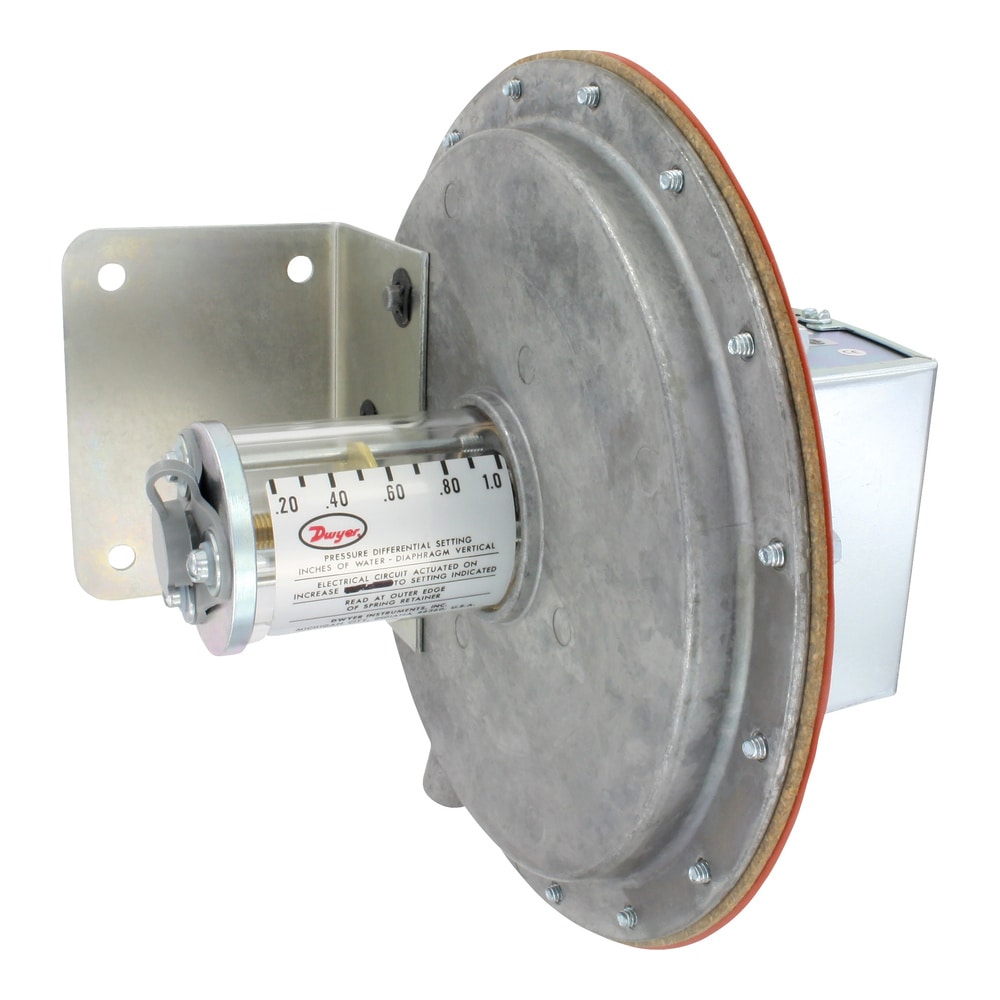 Interrupteur de pression à grande membrane, plage 0,05-0,25" w.c., hystérésis approximative à 0,04 point de consigne min., 0,05 point de consigne max.