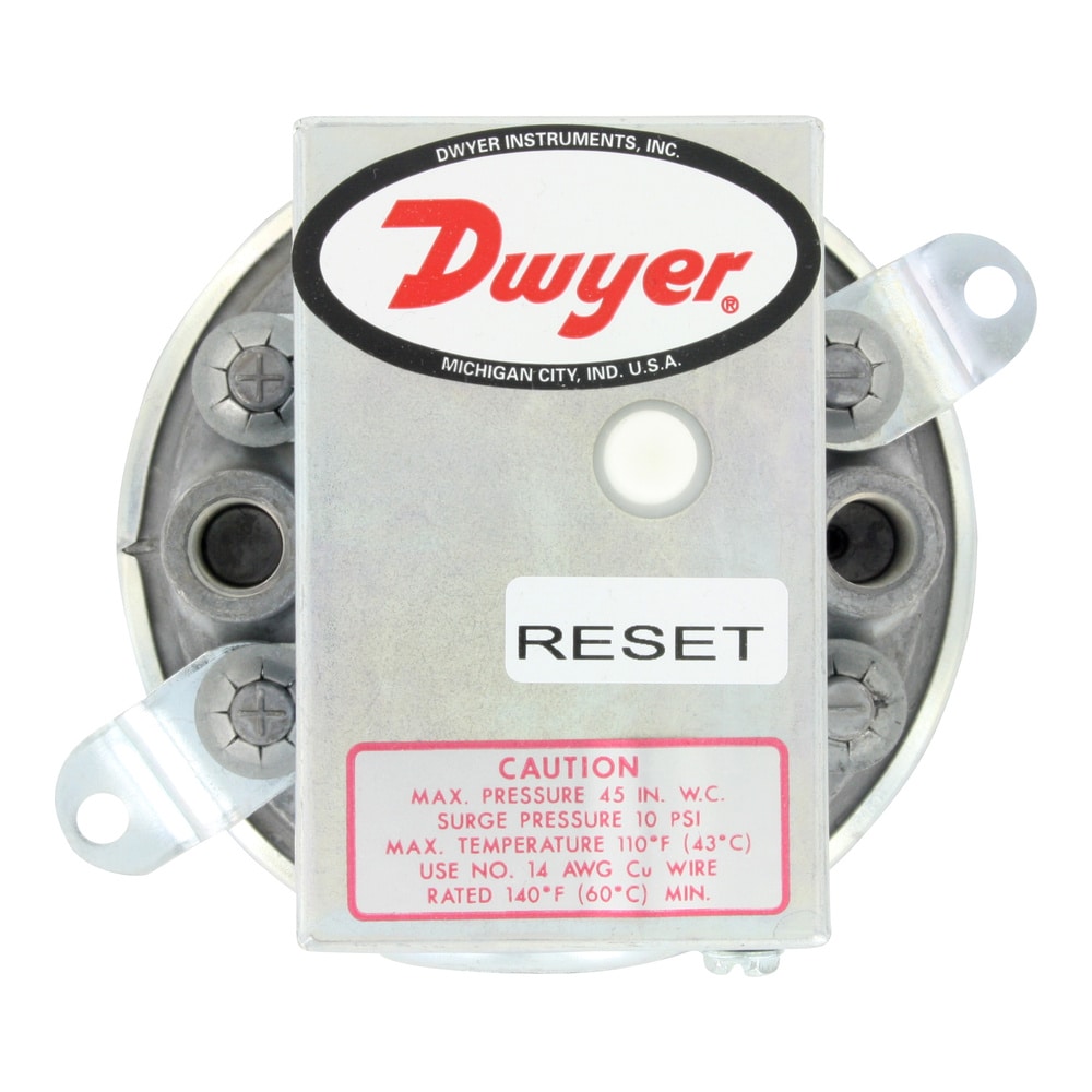 Differential pressure switch, range 3.0-11.75" w.c., approx. deadband @ min. set point 0.40, approx. deadband @ max. set point 0.40, with manual reset option.