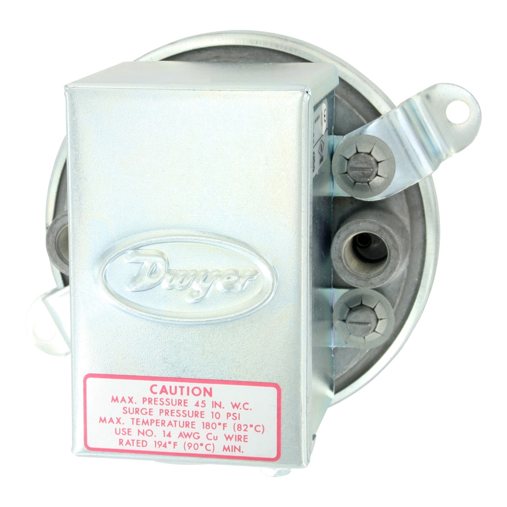 Differential pressure switch, range 3.0-11.75" w.c., approx. deadband @ min. set point 0.40, approx. deadband @ max. set point 0.40, with manual reset option.