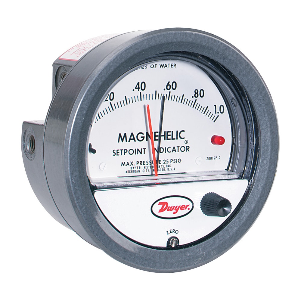 Magnehelic® Differential Pressure Gauge, Setpoint indicator Red LED, Adjustable