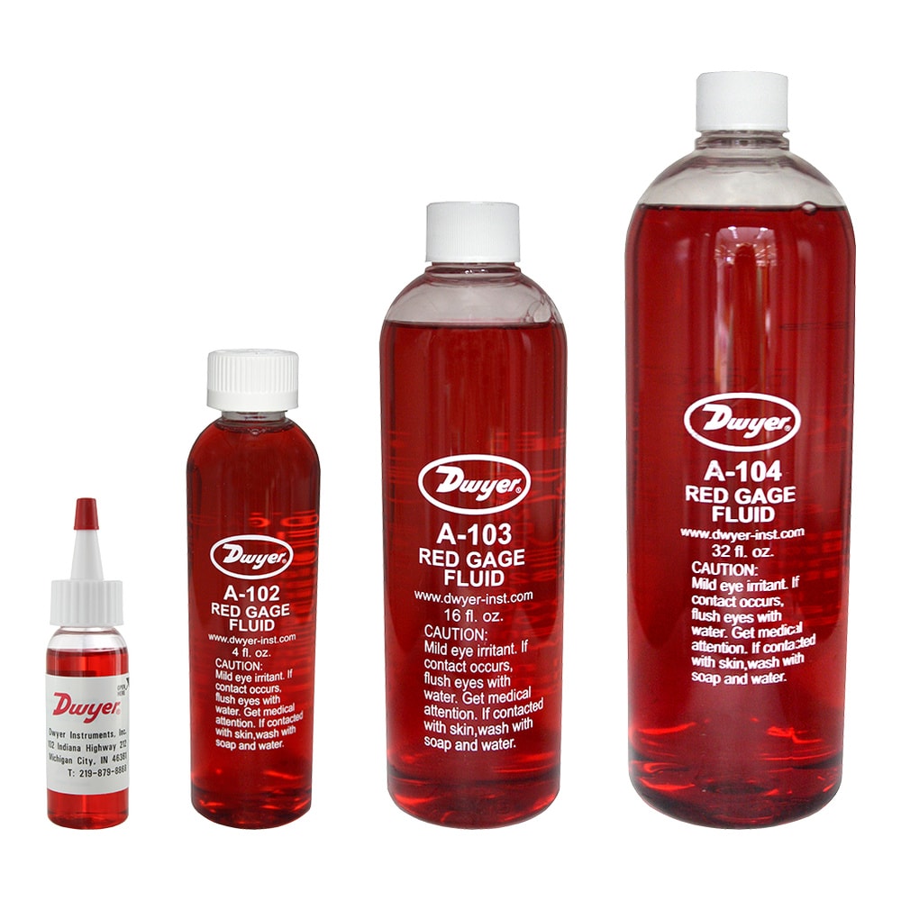 1 oz dispenser bottle of red gage fluid, .826 sp. gr.