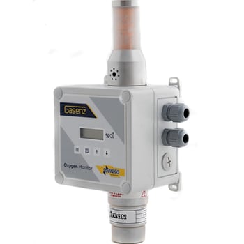 Gasenz Oxygen Monitor with Zirconia Sensor, 0 to 25% range, wall/vertical mount, LCD display with audible and visual alarms. Ideal for continuous oxygen monitoring in oxygen deficient environments for personnel protection.