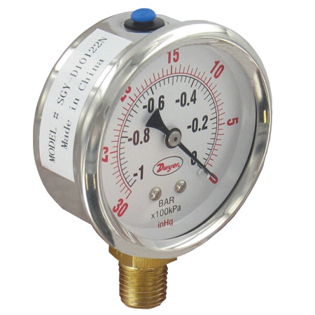 Dual Scale Pressure Gauge, 1,000 psi/bar, ± 1.5% Accuracy, Liquid-Filled