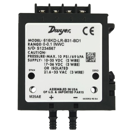 Low range differential pressure transmitter, +/- 0.5" wc with 0.25% accuracy, barb process connection, and dual 4-20mA & 0-10V output.