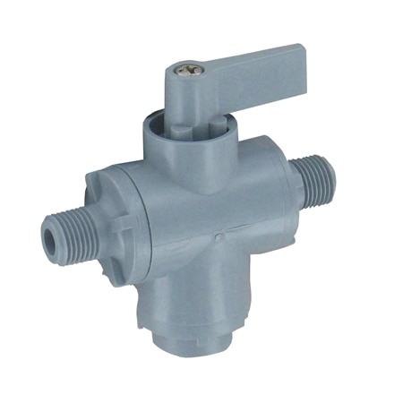 PVC shut-off valve, 1/8" female NPT inlet x 1/4" hose barb outlet x 1/4" hose barb outlet.