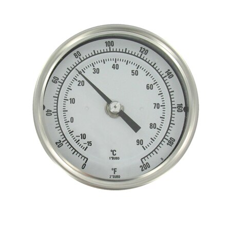 Long reach bimetal thermometer, 18" stem, range 0-200°F.