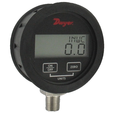 Digital pressure gage w/ boot, range 0-50 psi with 4-digit display, ± 0.5% accuracy, battery powered.