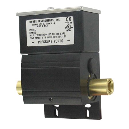 Differential pressure switch, brass and fluoroelastomer wetted materials, NEMA 4X, 1/4" NPT connections, SPDT, range 25 to 50 psi.