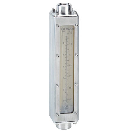 Industrial direct reading flowmeter, max. flow rate 1.5 GPM (5.6 LPM) water, 6.5 SCFM (180 LPM) air, 1/2" female NPT.