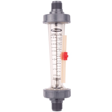 Polycarbonate flowmeter, range 0.1-1 GPM (.5-4 LPM) water, 1/2" male NPT, 316 SS float.