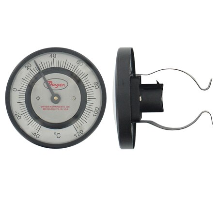 Pipe-mount bimetal surface thermometer, range 20 to 180°C, 3/4" to 7/8" pipe.