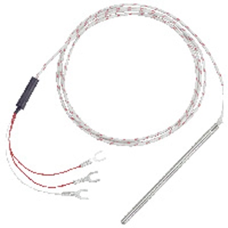 Stainless steel overbraid extension 100 Ω RTD, 0° bend, #6 spade terminal.