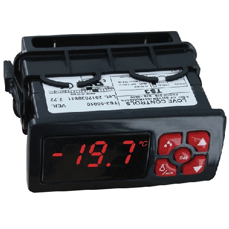 Digital temperature switch, single temperature probe input, SPDT relay output, red display and buttons, 115 VAC power supply.